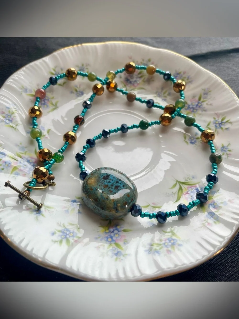 Turquoise and Gold Beaded Pendant Necklace - Women Jewelry